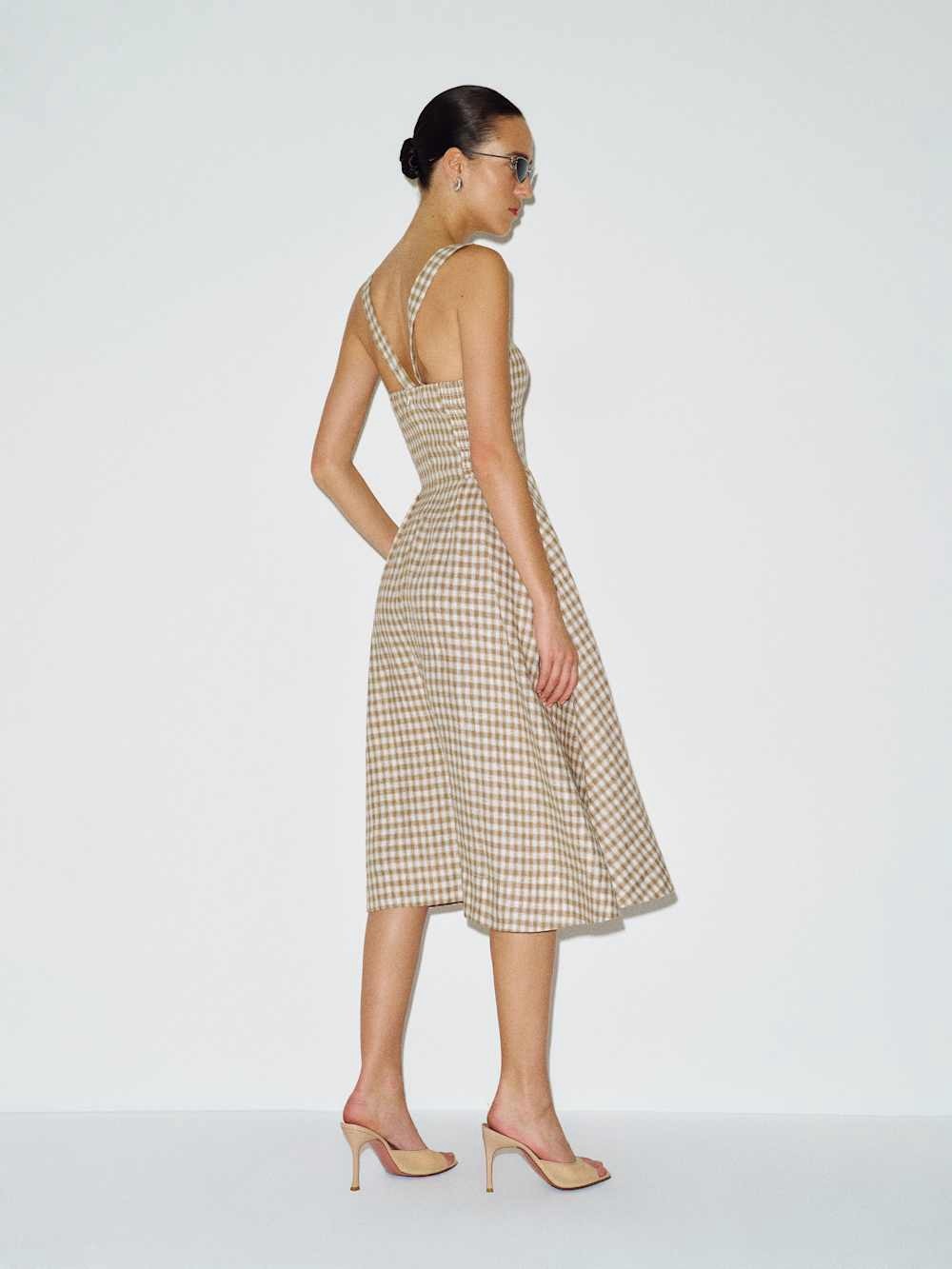 NEW Reformation Roma Midi Linen Dress Dunes Check Gingham Tan White Size 4 - Picture 15 of 15